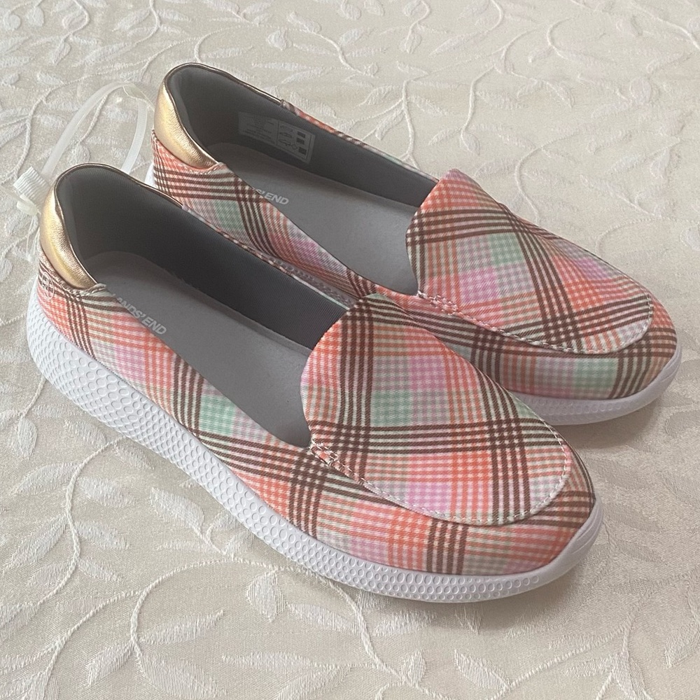 🆕 Lands End Shoes Womens 8.5 Peach Plaid Slip On Casual Comfort Loafer NEW